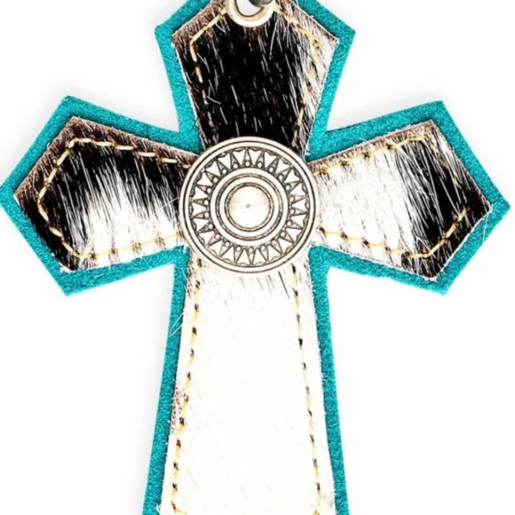 Myra Bag Leather & Hair-On Medallion Cross Hide Key Fob In Turquoise - New - Picture 3 of 7